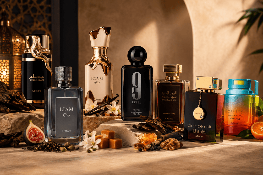 Perfumes árabes variados junto a especias y flores, guía visual sobre cómo elegir un perfume árabe según tus gustos y estilo
