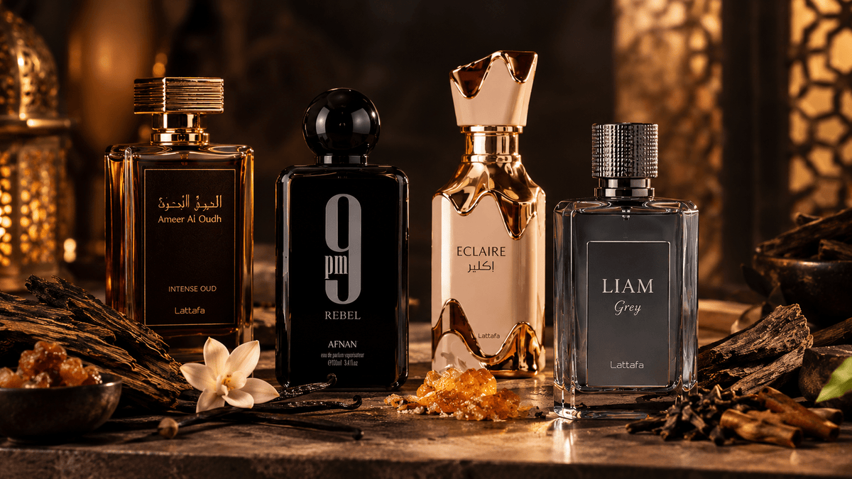 Perfumes árabes duraderos en frascos de vidrio negro, dorado y gris, con diseños elegantes y notas orientales visibles