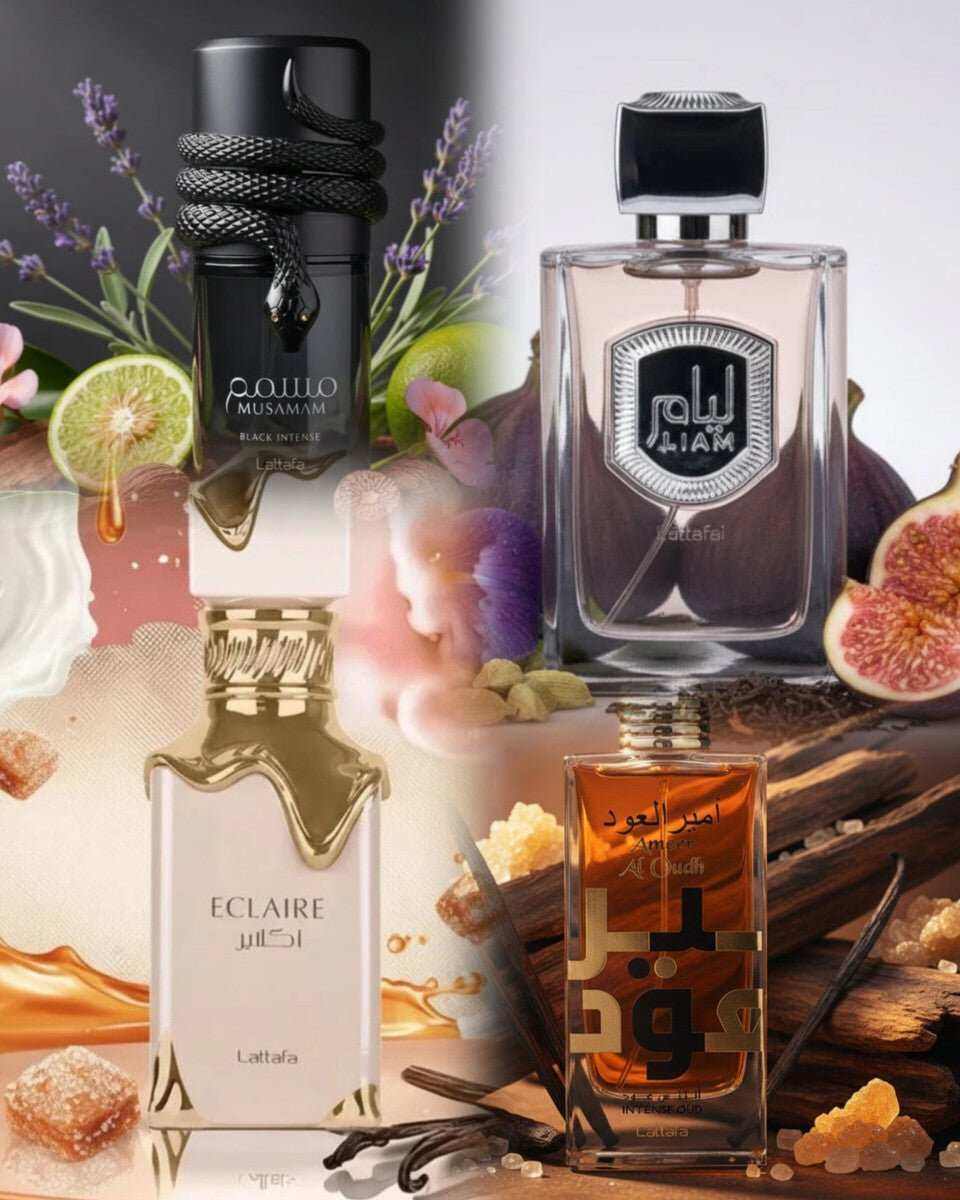 Perfumes árabes para invierno en frascos elegantes, con aromas dulces, amaderados y especiados alrededor