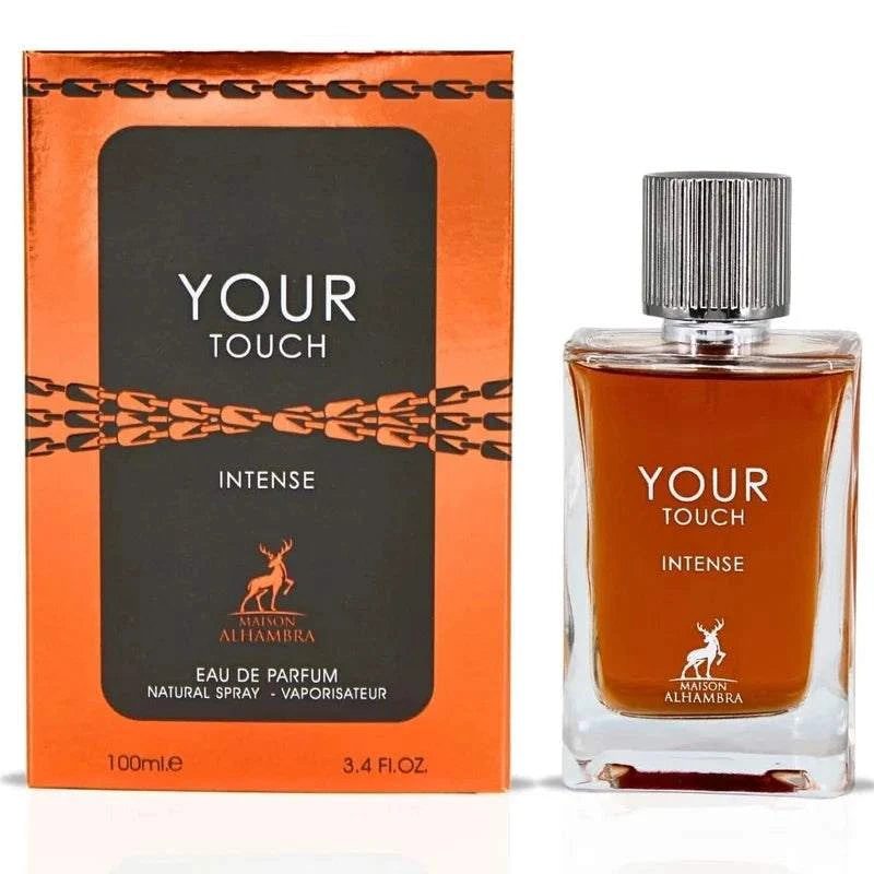 Frasco elegante del perfume masculino Your Touch Intense de Maison Alhambra con aroma oriental fougère.