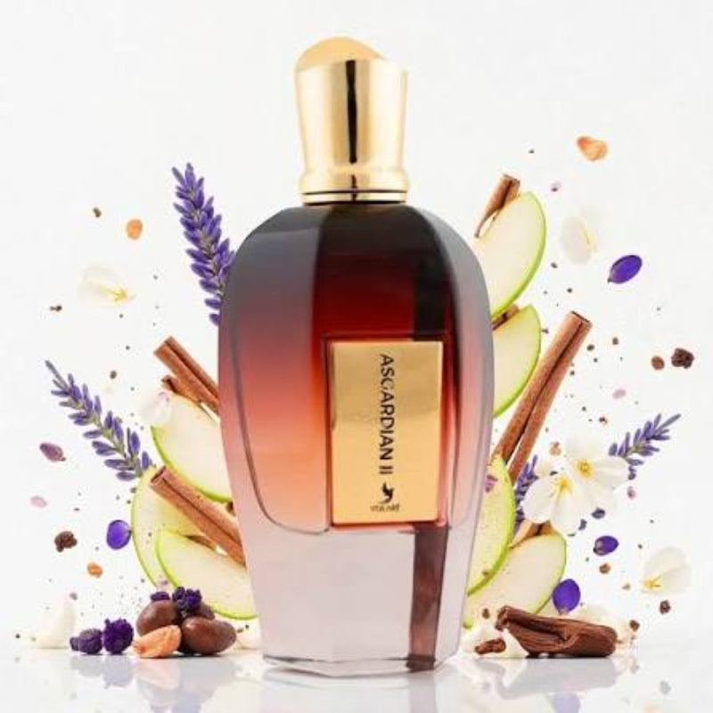 Botella de perfume Asgardian II Volare de 100ml, diseño elegante con tapa dorada, fragancia nicho árabe de Paris Corner.