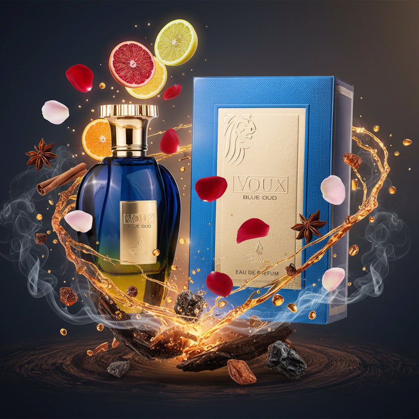 Fragancia exclusiva Voux Blue con notas de Oud Paris, ideal para un aroma sofisticado y duradero.