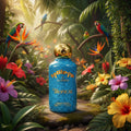 Perfume tropical en frasco azul con tapa dorada en selva con flores y loros