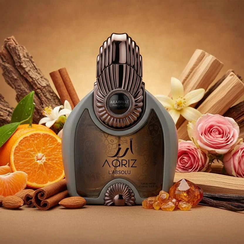 Frasco de perfume Aariz L'Absolu de Arabiyat Prestige con diseño elegante y aroma dulce y empolvado