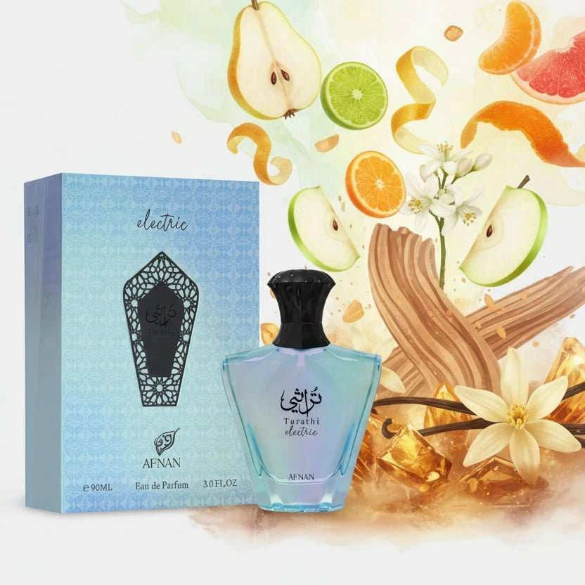 Botella de perfume Afnan Turathy Electric unisex aromática frutal 2025