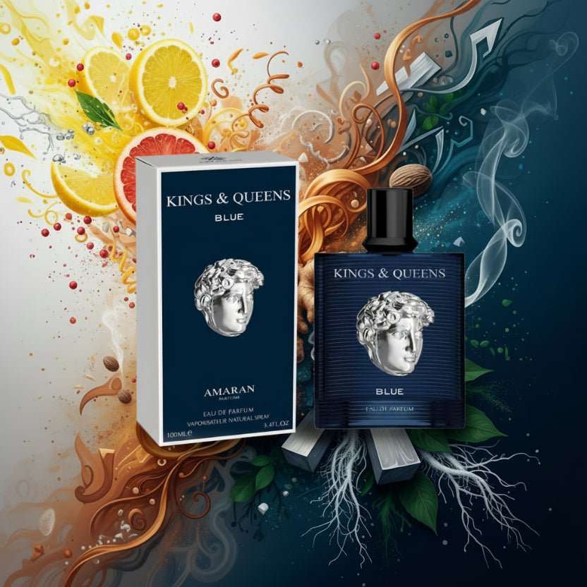 Botella de la fragancia Amaran Kings & Queens Blue para hombre con diseño moderno y elegante.