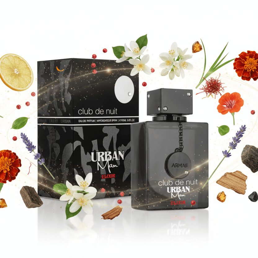 Frasco de Armaf Club de Nuit Urban Elixir, eau de parfum masculino con notas frescas, especiadas y amaderadas.