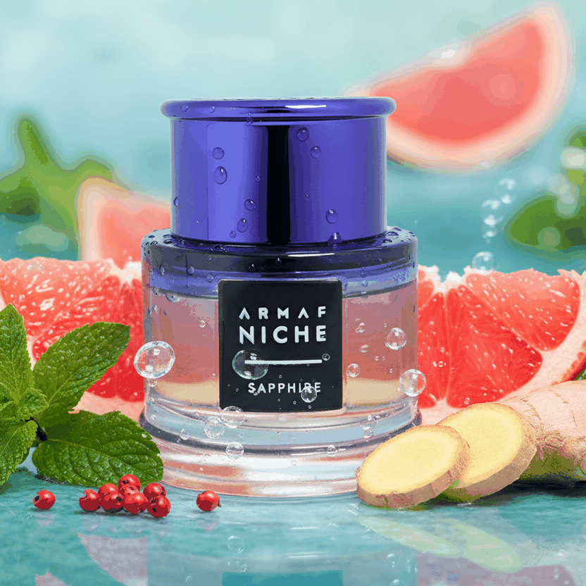 Botella de Armaf Niche Sapphire eau de parfum aromático especiado unisex con notas frescas y amaderadas