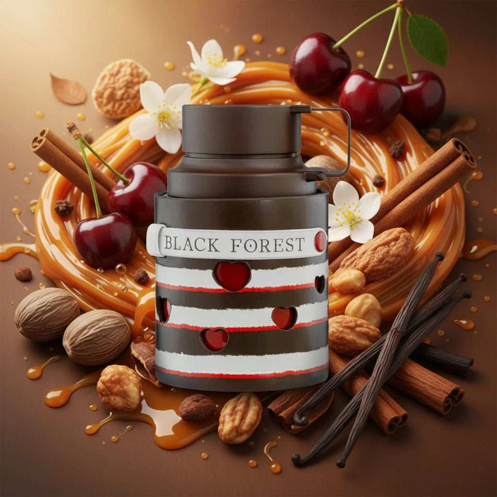 Botella de perfume Armaf Odyssey Black Forest unisex oriental vainilla con notas dulces y gourmand