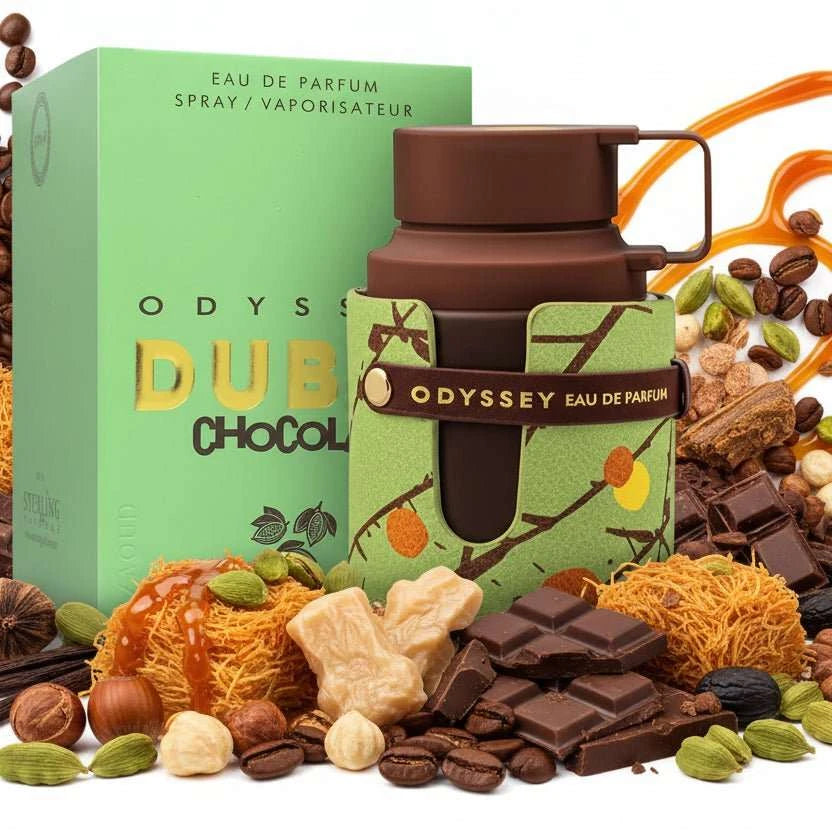 Botella de Armaf Odyssey Dubai Chocolat, fragancia unisex oriental con notas de chocolate, pistacho y vainilla