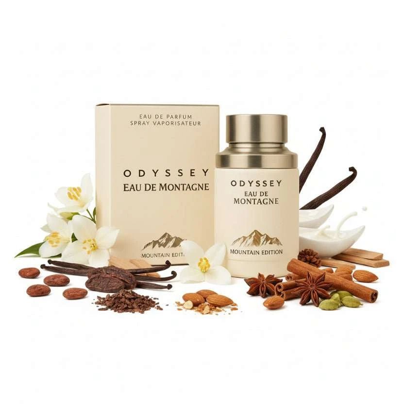 Frasco de Armaf Odyssey Eau de Montagne, fragancia unisex oriental vainilla con notas de almendra y vainilla