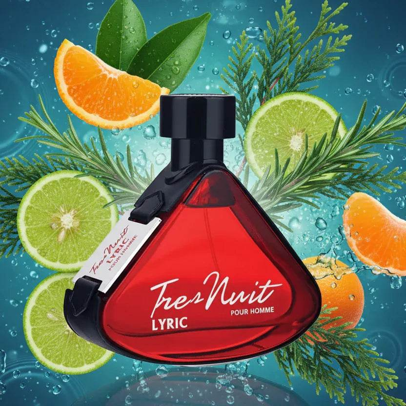 Frasco de Armaf Tres Nuit Lyric Pour Homme fragancia floral acuática para hombre con notas de bergamota, lavanda y almizcle.