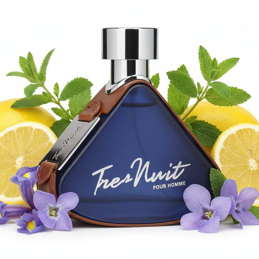 Botella de perfume Armaf Tres Nuit Pour Homme con diseño elegante y fondo blanco