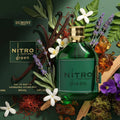 Botella de la fragancia masculina Dumont Nitro Green con diseño aromático fougère.