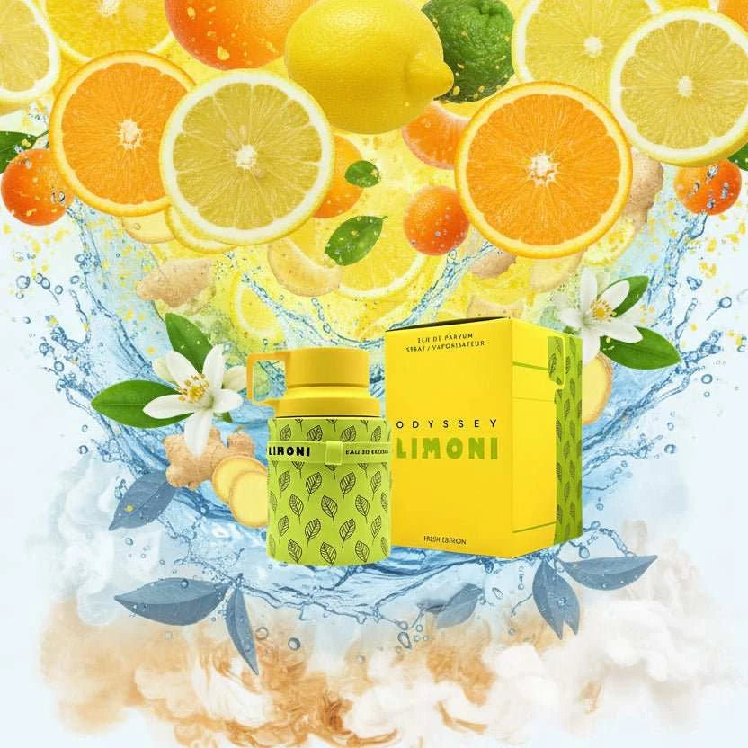Frasco de perfume Odyssey Limoni Armaf 100ml con diseño elegante y aroma cítrico unisex