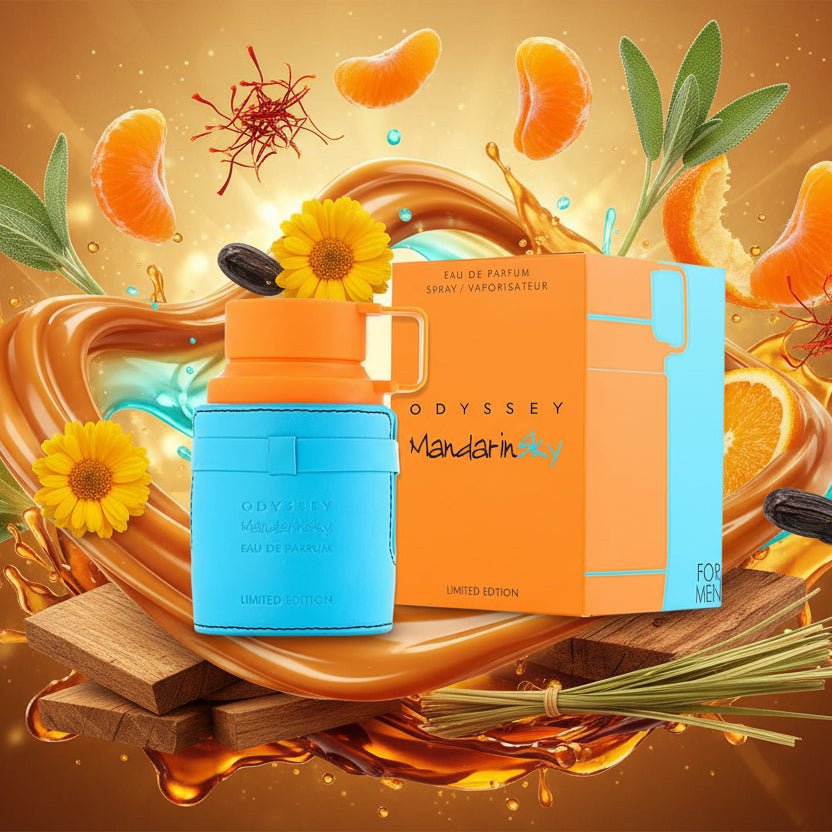 Frasco de perfume masculino Odyssey Mandarin Sky de Armaf con fragancia cítrica dulce y base amaderada