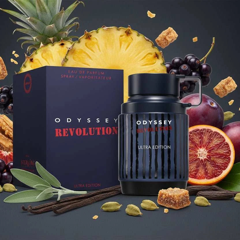 Frasco de perfume Odyssey Revolution de Armaf con diseño moderno y notas aromáticas frutales.