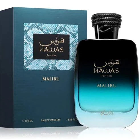 Perfume Rasasi Hawas Malibu con notas frutales y aroma fresco veraniego