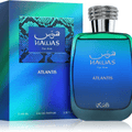 Frasco de Rasasi Hawas Atlantis, fragancia unisex fresca y acuática con notas cítricas y amaderadas