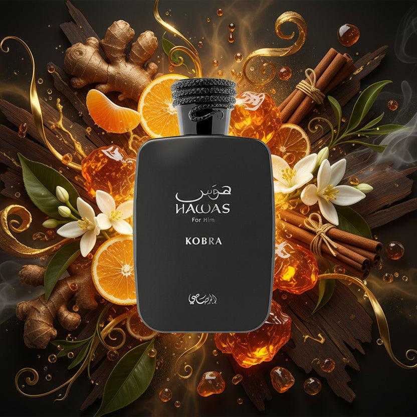 Botella de perfume masculino Rasasi Hawas Kobra con diseño elegante y fondo dorado