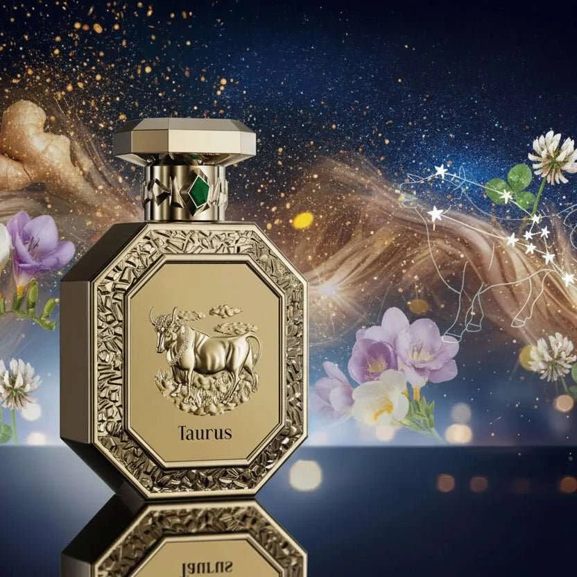 Botella de perfume Taurus French Avenue con diseño elegante y notas florales, almizcladas y amaderadas.